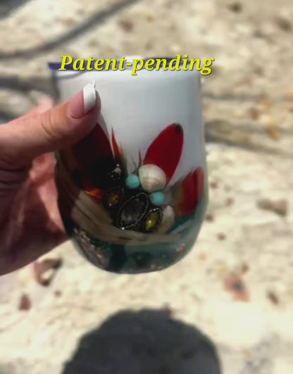 White Rose Gold Coastal Boho Wine Tumbler 12oz Feathers Shells Beach Gift Saltwater Sips™