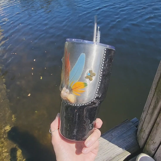 Black 30oz coastal feather tumbler with real seashells and Swarovski butterfly accents – Saltwater Sips drinkware