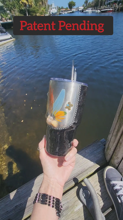 Black 30oz coastal feather tumbler with real seashells and Swarovski butterfly accents – Saltwater Sips drinkware