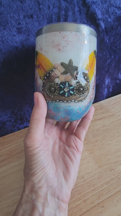 12oz 3D Ocean Treasure Glitter Tumbler - Insulated Beach Wine Tumbler with Feathers, Starfish & Seashells | Saltwater Sips™