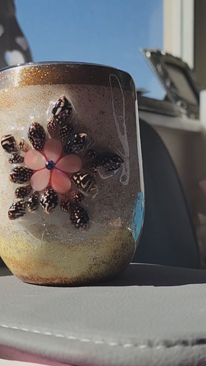 Handmade Seashell Flower Glitter Tumbler | 12oz Stainless Steel Beach Boho Souls