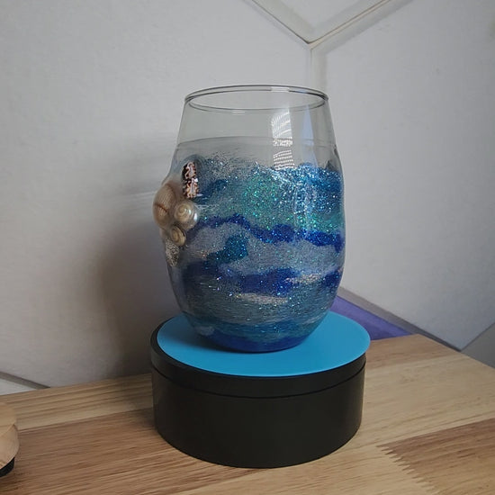 Deepwater Drift Stemless Wine Glass - Ocean Resin Seashell Art (18oz+)