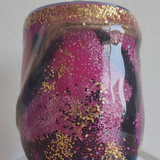 Magenta boho Saltwater Sips™ 12oz wine tumbler 360 view, feathers shells gold glitter twine, Patent Pendin