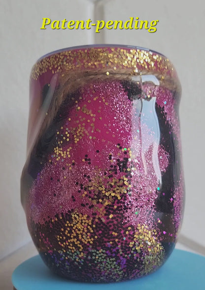 Magenta boho Saltwater Sips™ 12oz wine tumbler 360 view, feathers shells gold glitter twine, Patent Pendin