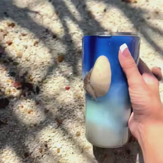 Blue ombre Saltwater Sips™ 20oz seashell tumbler 360 view, real Florida seashells, cobalt to sandy shimmer finish, Patent Pending