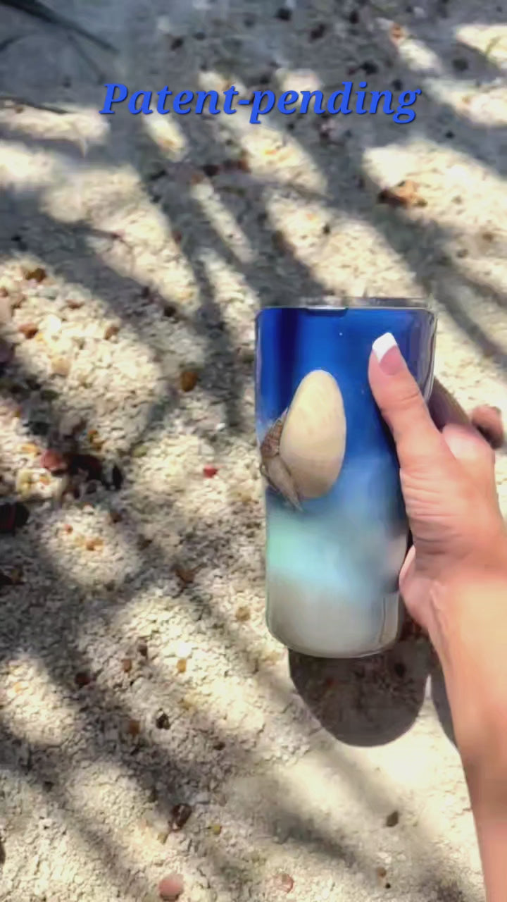 Blue ombre Saltwater Sips™ 20oz seashell tumbler 360 view, real Florida seashells, cobalt to sandy shimmer finish, Patent Pending