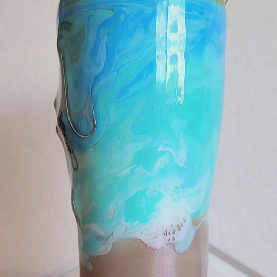 Hook & Tumble™ 20oz turquoise ocean wave fishing hook tumbler 360 degree view, real hooks and barrel swivels