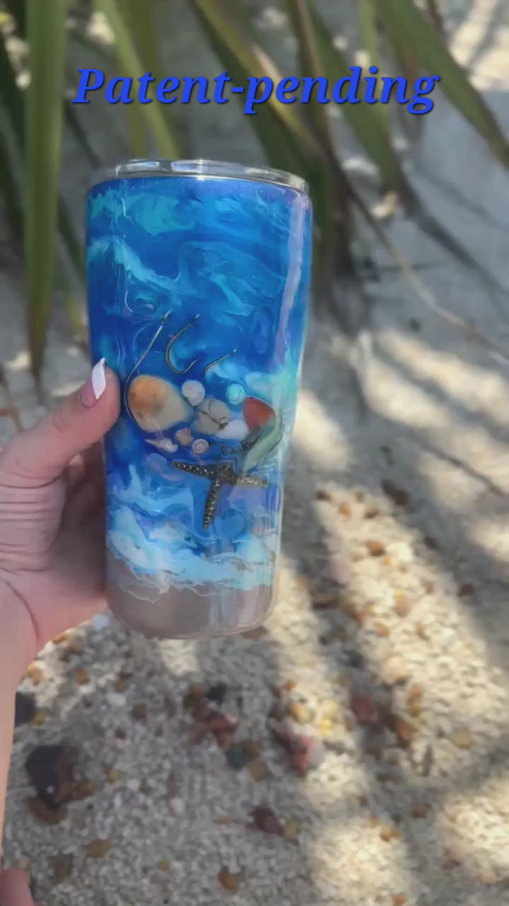 Hook & Tumble™ 20oz blue ocean seashell fishing hook tumbler 360 view, real hooks shells starfish sea glass shimmer
