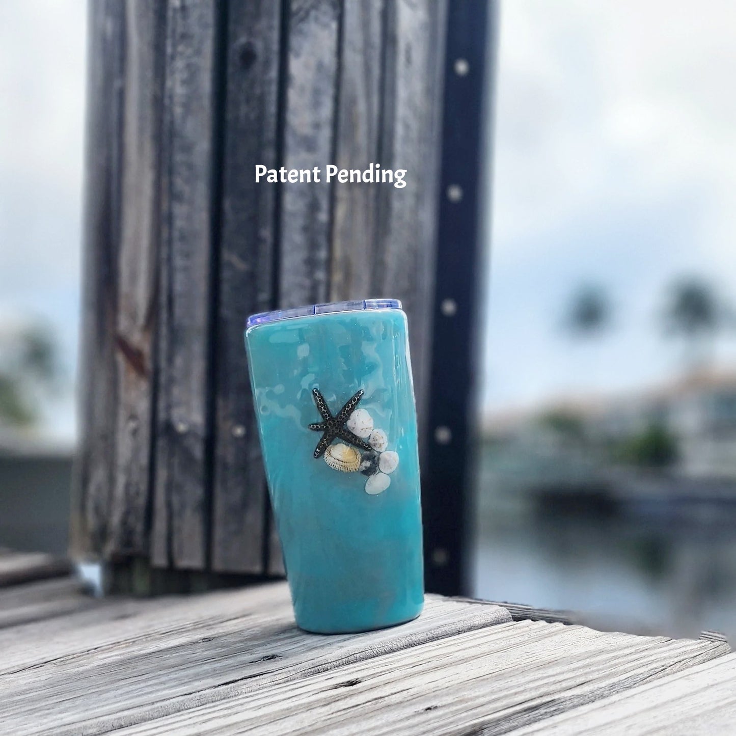 Turquoise shimmer seashell tumbler 20oz with starfish charm, handmade coastal drinkware