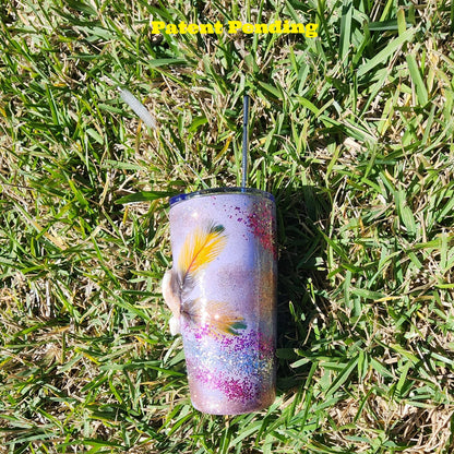 lavender coastal cowgirl tumbler with seashells and feathers