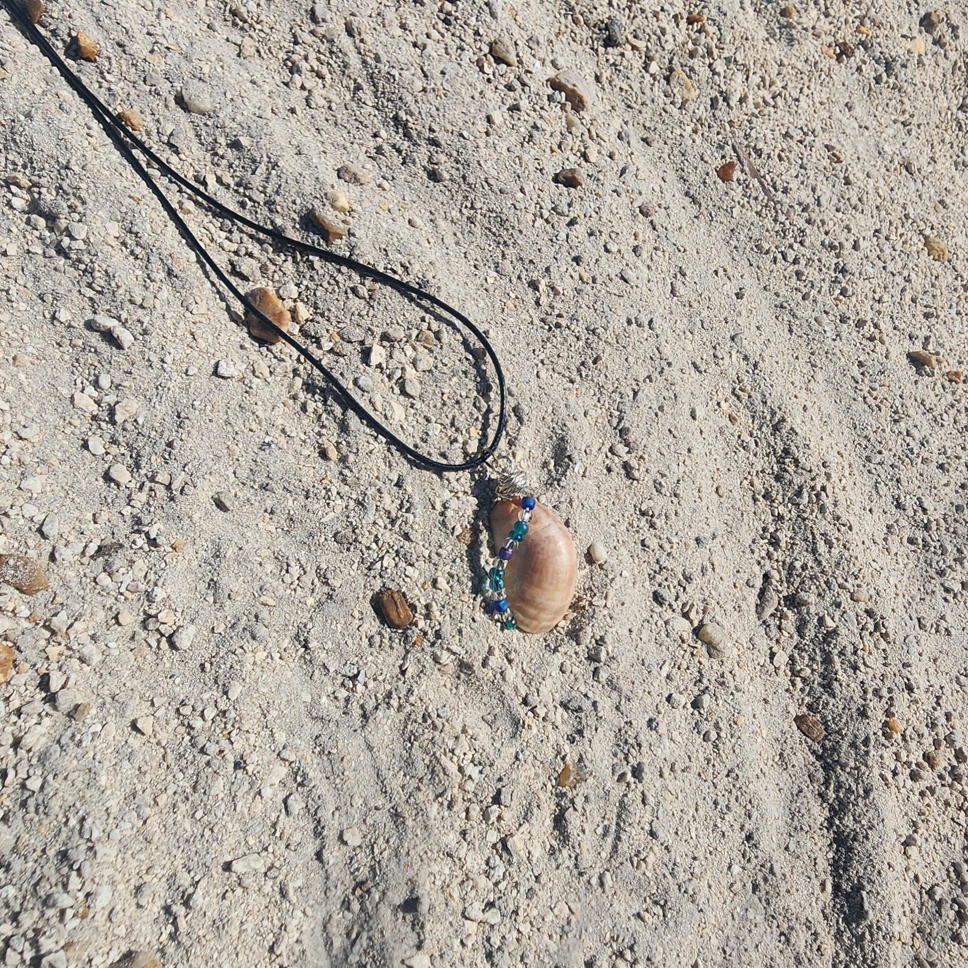 Handmade common atlantic slipper shell pendant necklace with silver wire wrap and blue green beads