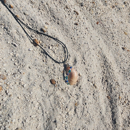 Handmade common atlantic slipper shell pendant necklace with silver wire wrap and blue green beads