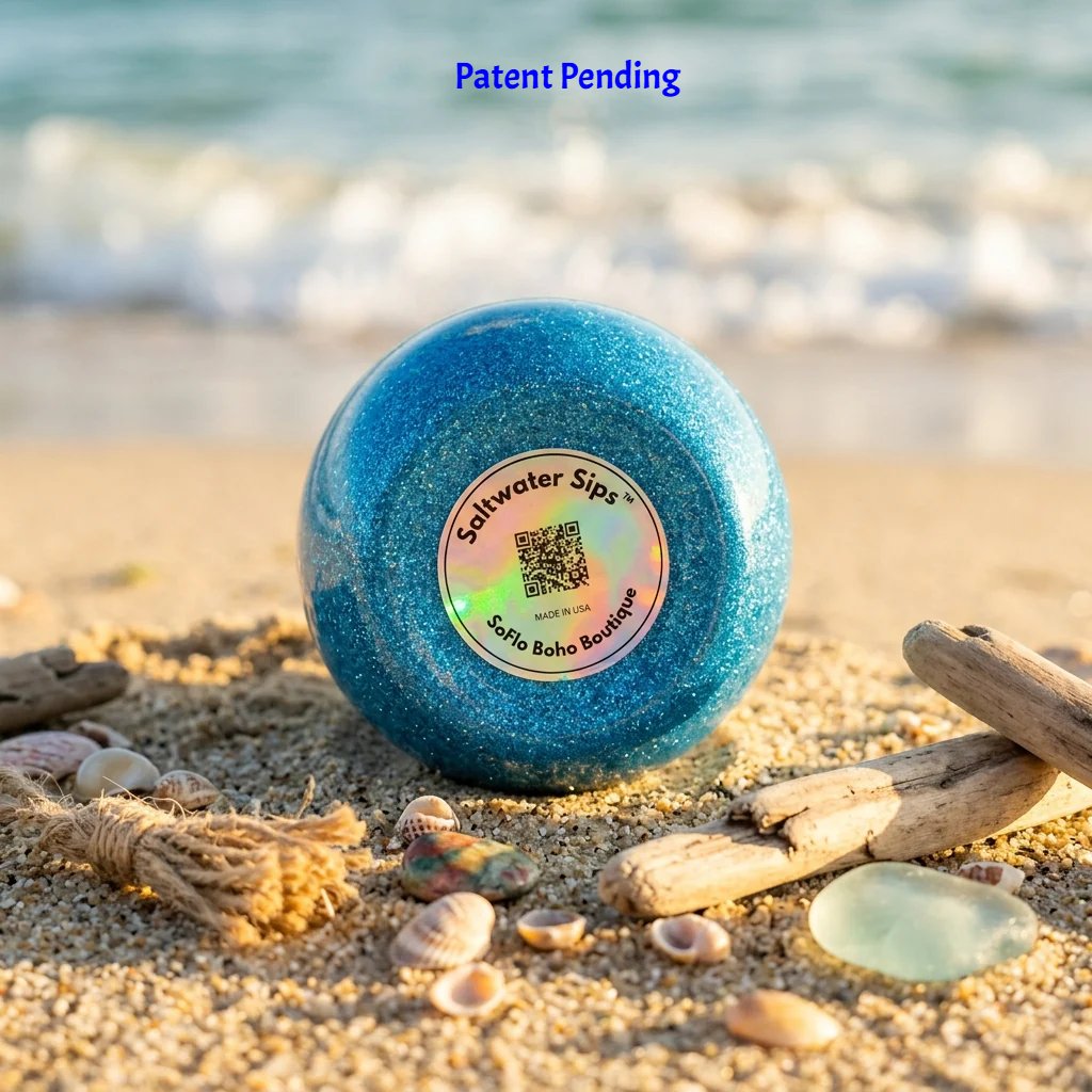 Base of a teal insulated wine tumbler with a round label on sand and seashells