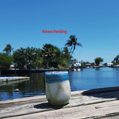 Ocean Fade Hook & Tumble™ 12oz wine tumbler on dock – hand-painted blue to white fade with real fishing hooks and sand handmade South Florida