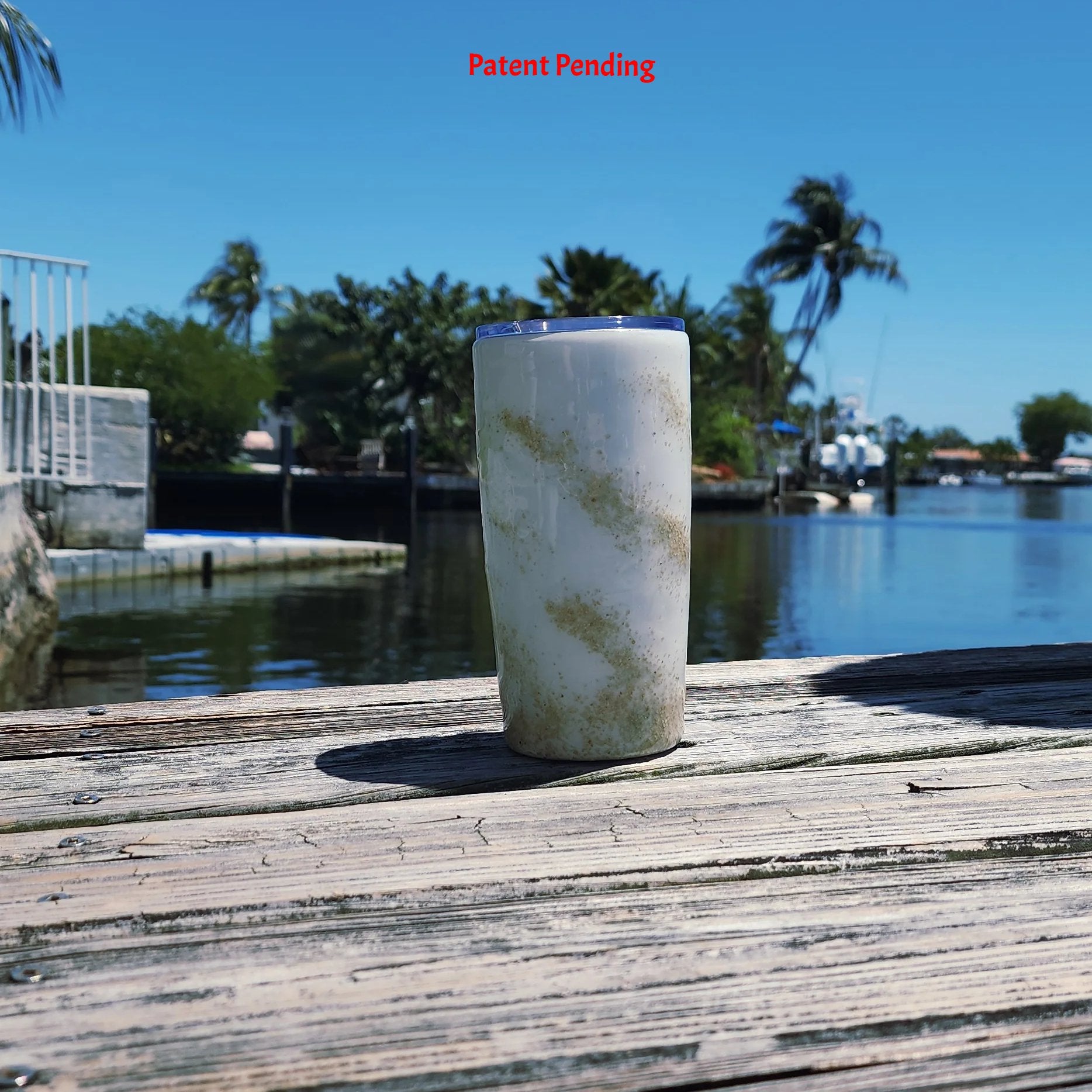 Right side view White Sands Hook & Tumble™ handmade fishing hook tumbler on weathered dock