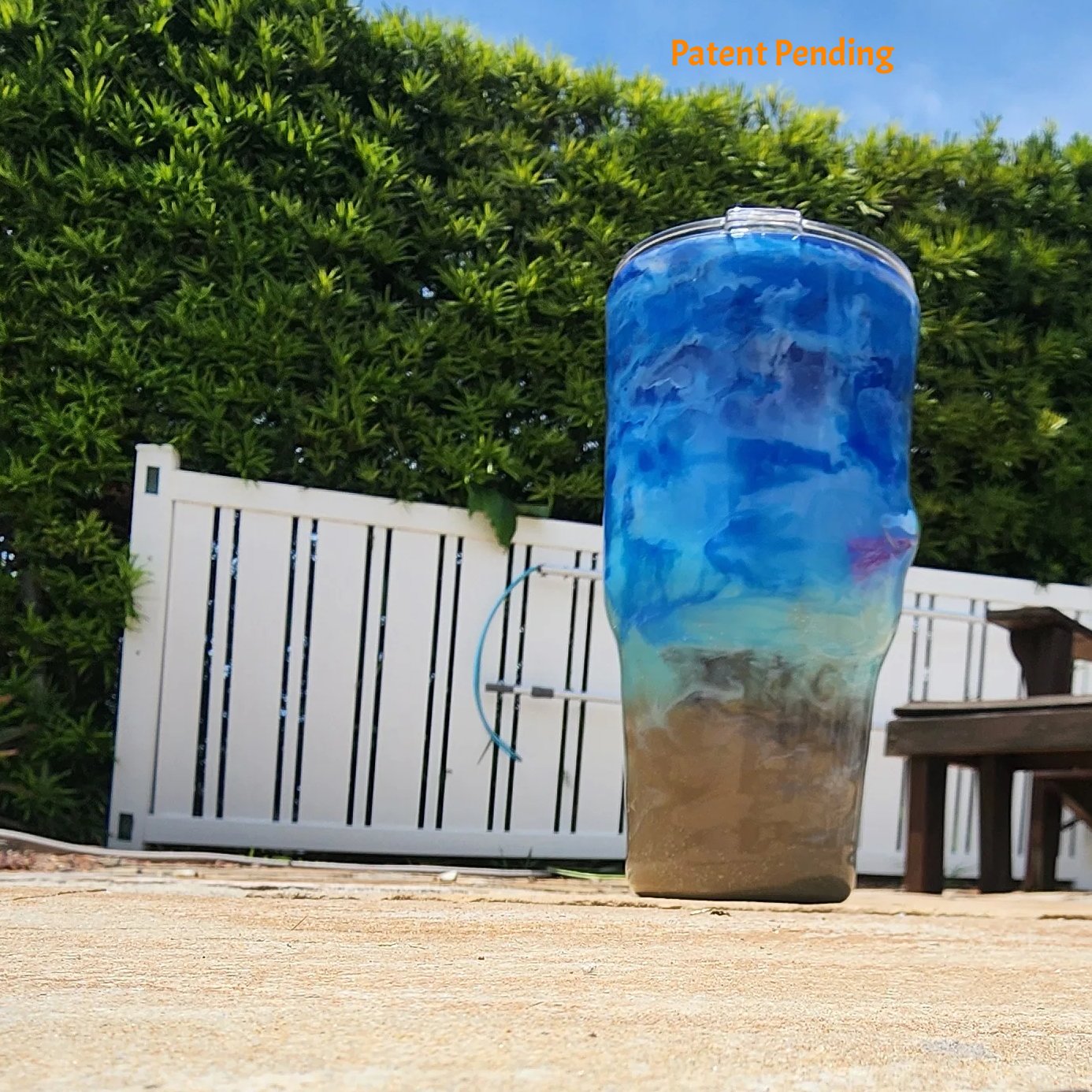 Left side view of Crystal Shore Deep 30oz fishing tumbler showing glow-in-the-dark speckled shrimp hook and saltwater fish hooks detail. Hook & Tumble™ by SoFlo Boho Boutique, Patent Pending.