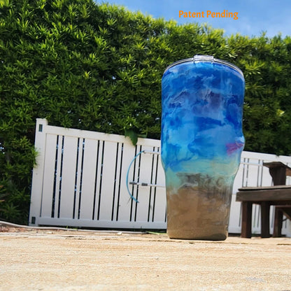 Left side view of Crystal Shore Deep 30oz fishing tumbler showing glow-in-the-dark speckled shrimp hook and saltwater fish hooks detail. Hook & Tumble™ by SoFlo Boho Boutique, Patent Pending.