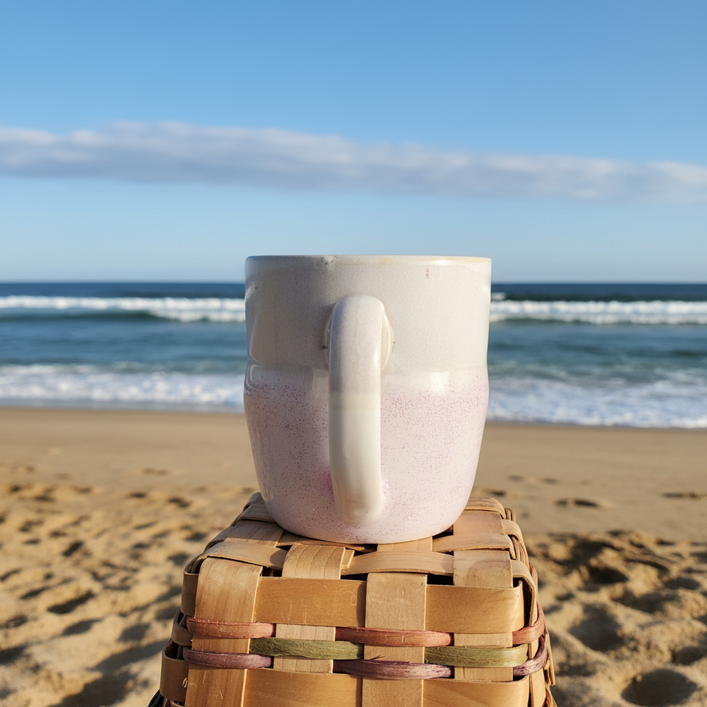 Coastal ceramic mug back view on sandy beach