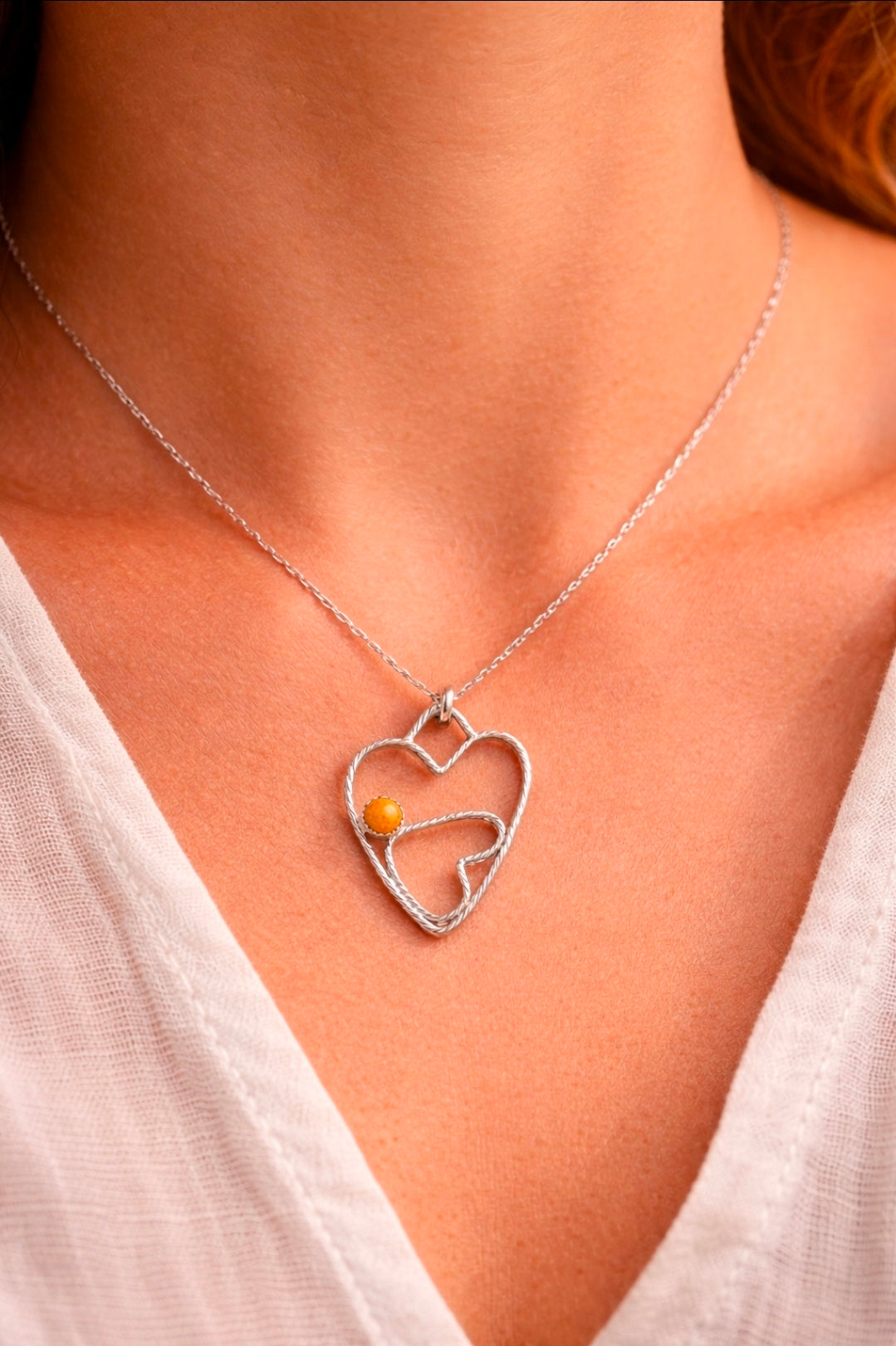 Sterling Silver Handmade Two Heart Pendant with Twisted Wire & Crazy Lace Agate Cabochon