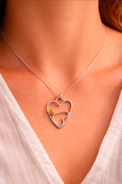 Sterling Silver Handmade Two Heart Pendant with Twisted Wire & Crazy Lace Agate Cabochon