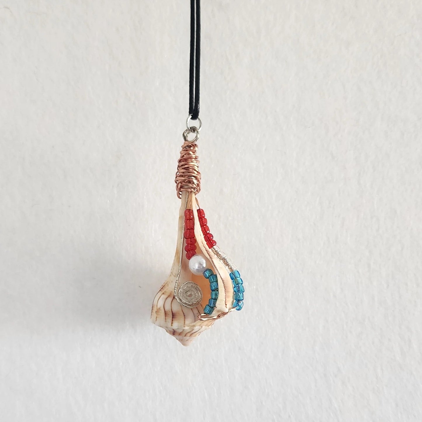 Lightning Whelk seashell pendant necklace hanging on black cord, full view showing silver swirl and shell point