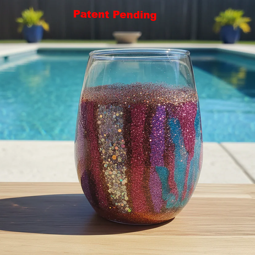 Berry and teal coastal wine glass with layered glitter waves and dimensional texture - handmade 18oz