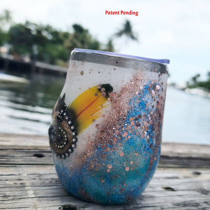 12oz 3D Ocean Treasure Glitter Tumbler - Insulated Beach Wine Tumbler with Feathers, Starfish & Seashells | Saltwater Sips™