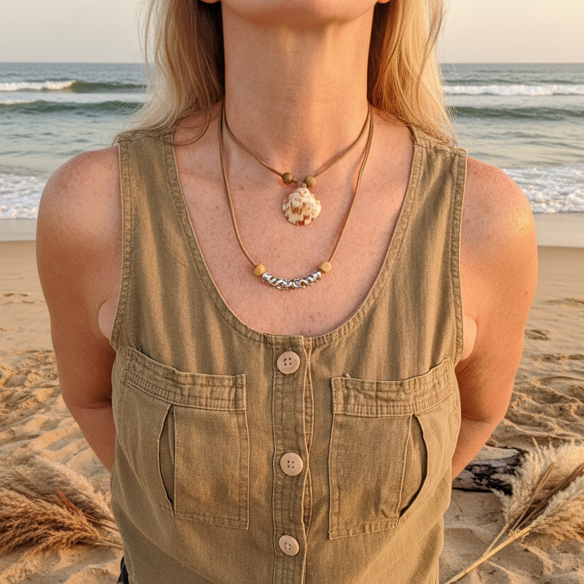 Woman wearing adjustable Calico shell choker necklace at the beach.