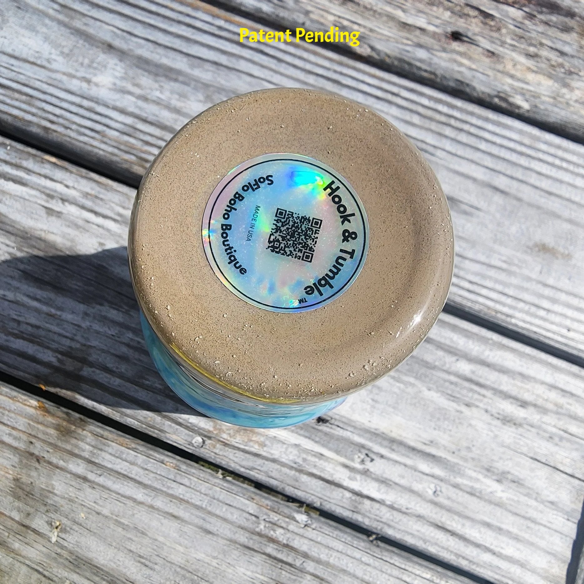 Bottom view of Shore to Sea Blue 30oz fishing tumbler showing full cobalt blue to Caribbean teal to sandy shore design. Hook & Tumble™ by SoFlo Boho Boutique, handcrafted in South Florida, Patent Pending.