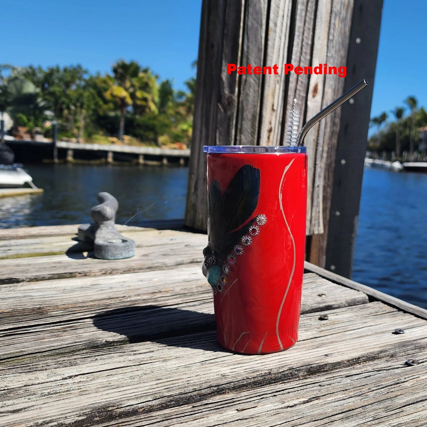 Red glossy seashell tumbler with metallic silver brush strokes – USA made coastal drinkware