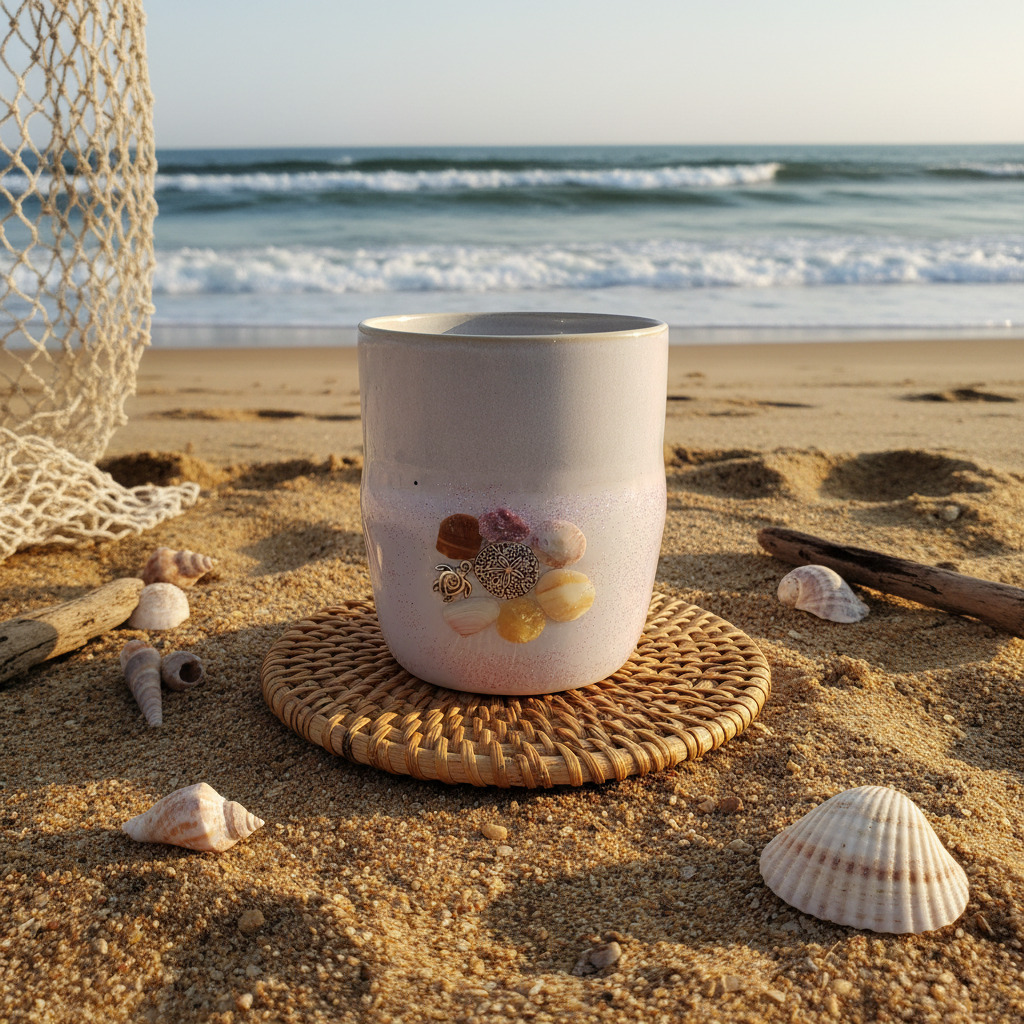 Handmade coastal coffee mug with real seashells and sand dollar charm on beach