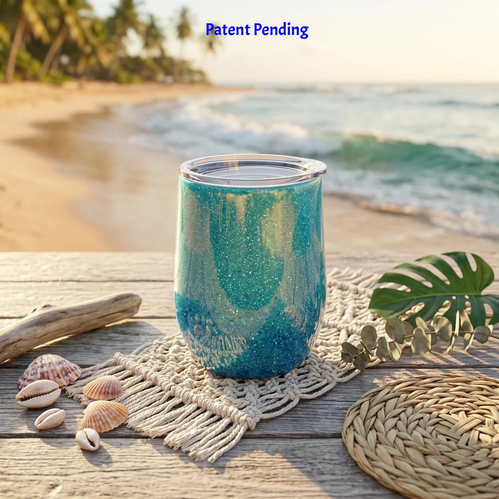 Teal insulated wine tumbler on a woven mat with seashells and a palm leaf at the beach