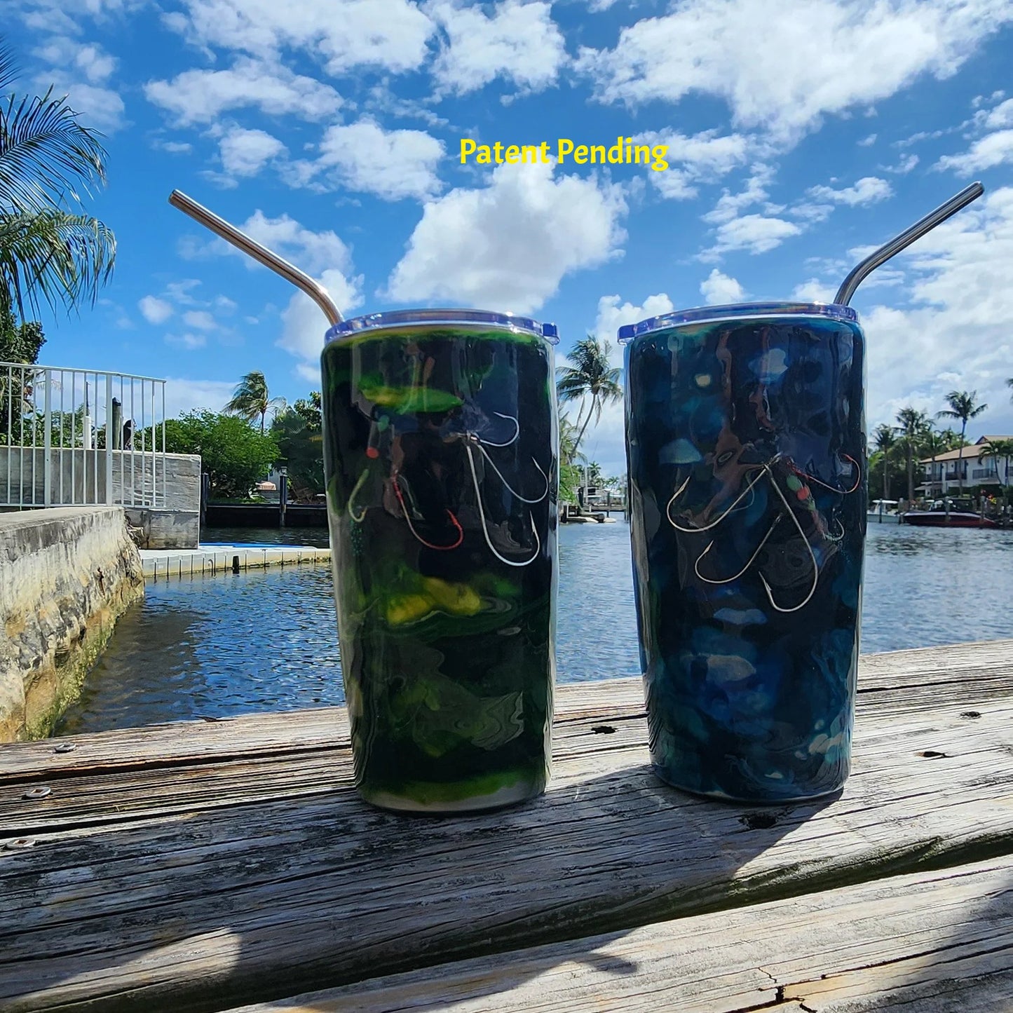 Hook & Tumble Blue Lagoon and Night Tide Green 20oz fishing hook tumblers on dock, handmade South Florida