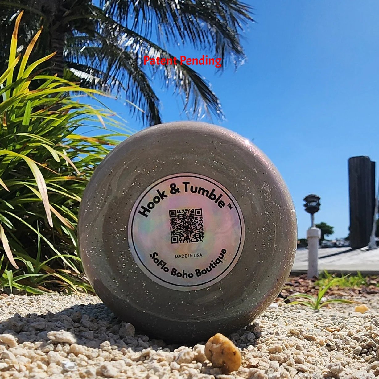 Hook & Tumble™ 20oz tumbler bottom view, brand logo, Patent Pending, handcrafted in South Florida