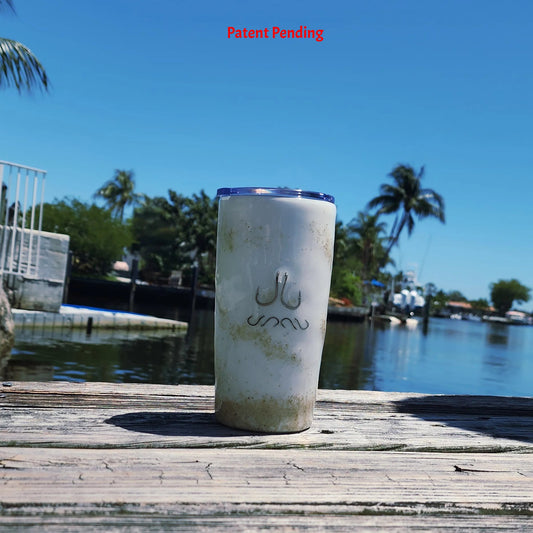 White Sands Hook & Tumble™ 20oz fishing hook tumbler on dock – real hooks artistically arranged in clear epoxy resin handmade South Florida