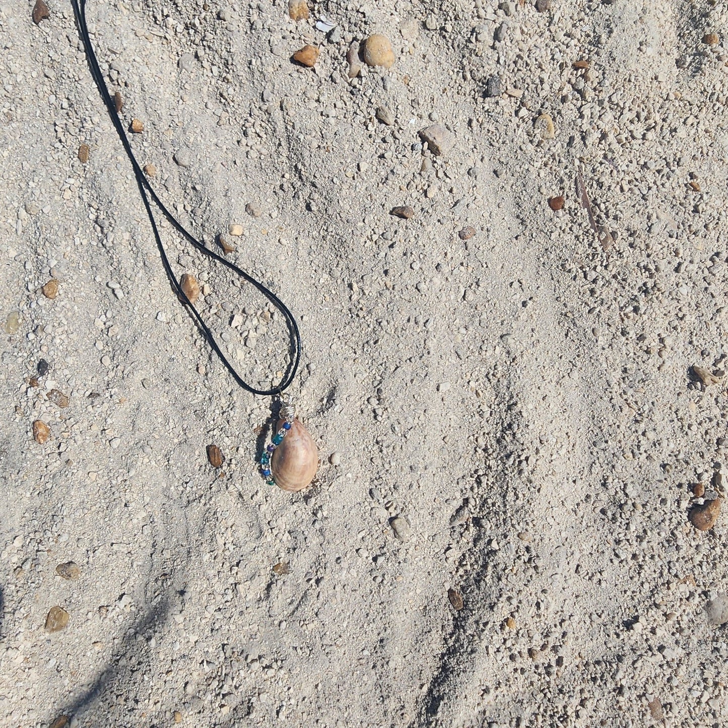Handmade seashell pendant necklace frontside with silver wire wrap and blue green beads