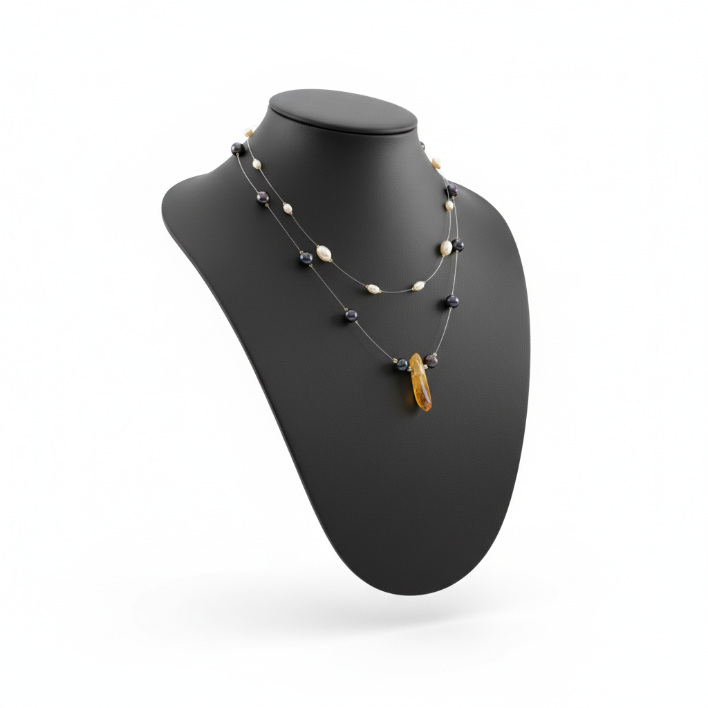 Handmade layered freshwater Pearl Necklace & Amber Quartz Crystal Statement Piece on a bust.