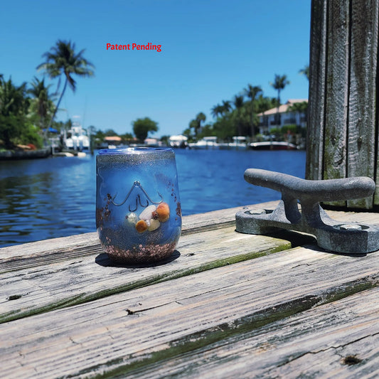Rose Gold Seashell Saltwater Sips™ 12oz wine tumbler on dock – real seashells