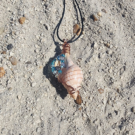 Handmade tulip shell pendant necklace with copper wire wrap and blue beads on cord