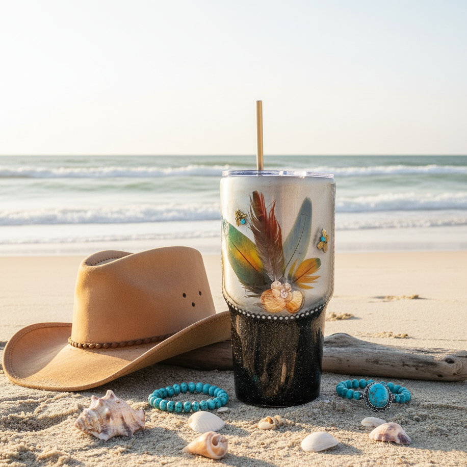 Black Shimmer 30oz Coastal Feather Tumbler - Saltwater Sips™ Statement Drinkware