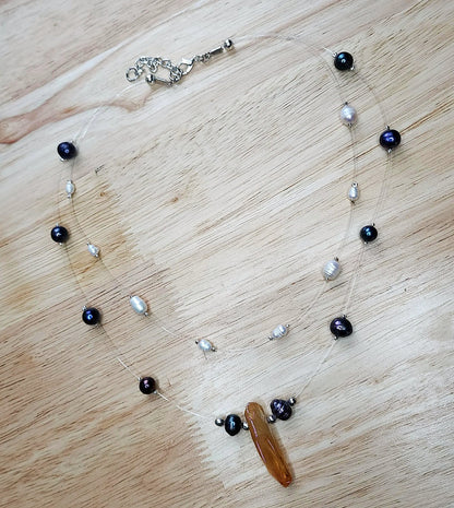 Layered Pearl Necklace - Freshwater Pearls & Amber Quartz Crystal Statement Piece ✨- Handmade Boho Style