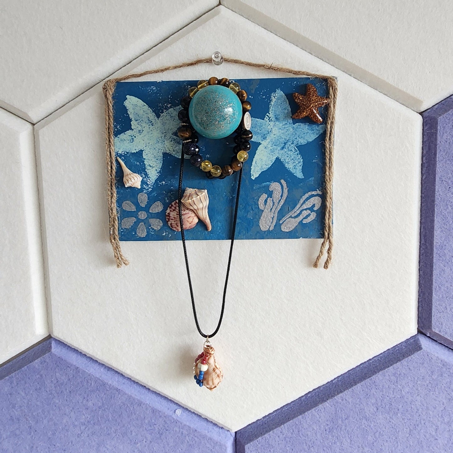 Starfish & Flip Flops seashell jewelry holder with sea glass and starfish, handmade coastal wall decor