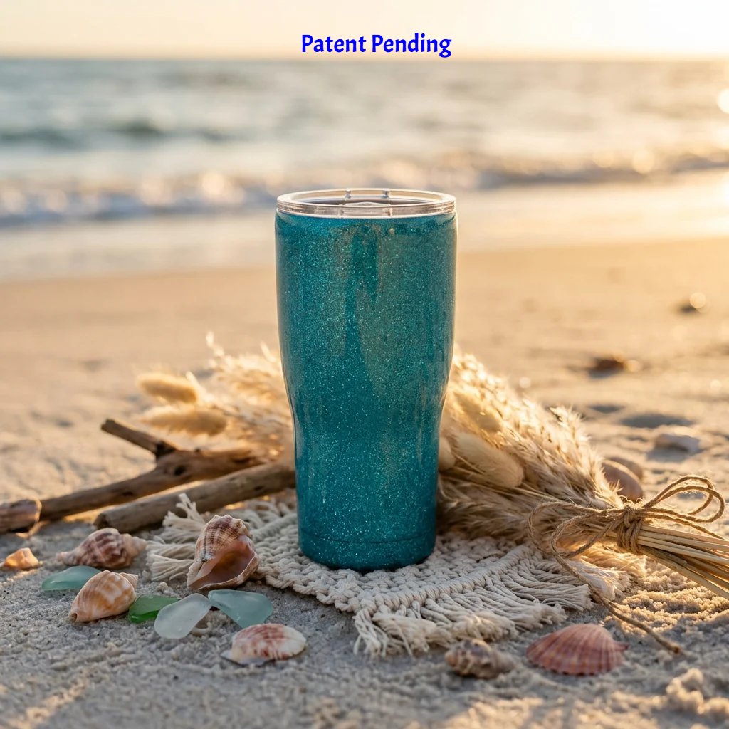 Teal insulated beach tumbler on white sand with lace and shells