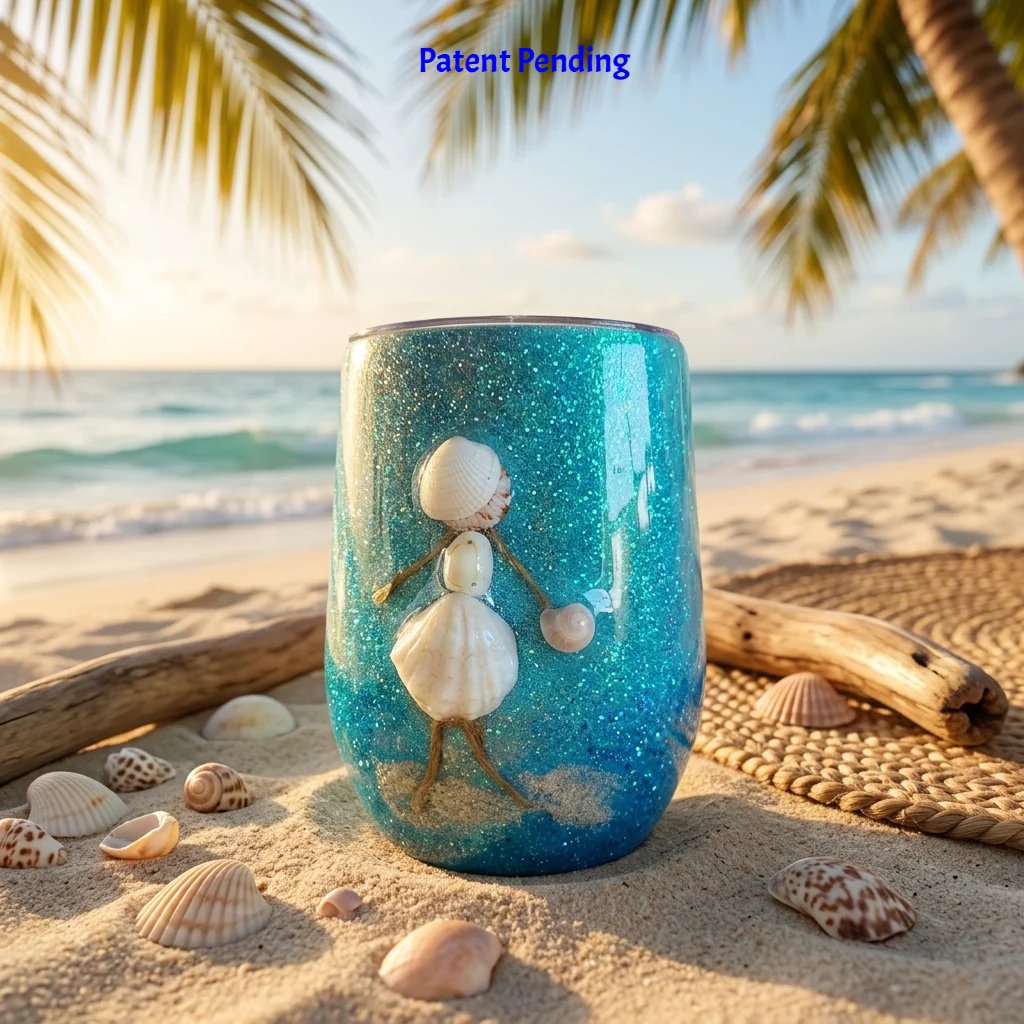 Teal insulated wine tumbler with a white seashell figure on beach sand under palm trees