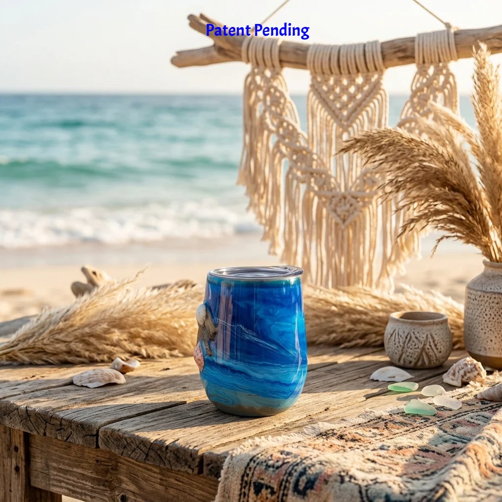 Blue seashell figure tumbler in front of a macrame wall hanging on a beach dock