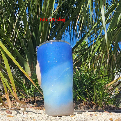 Blue ombre Saltwater Sips™ 20oz seashell tumbler right side, shimmer finish, Patent Pending, handcrafted in South Florida