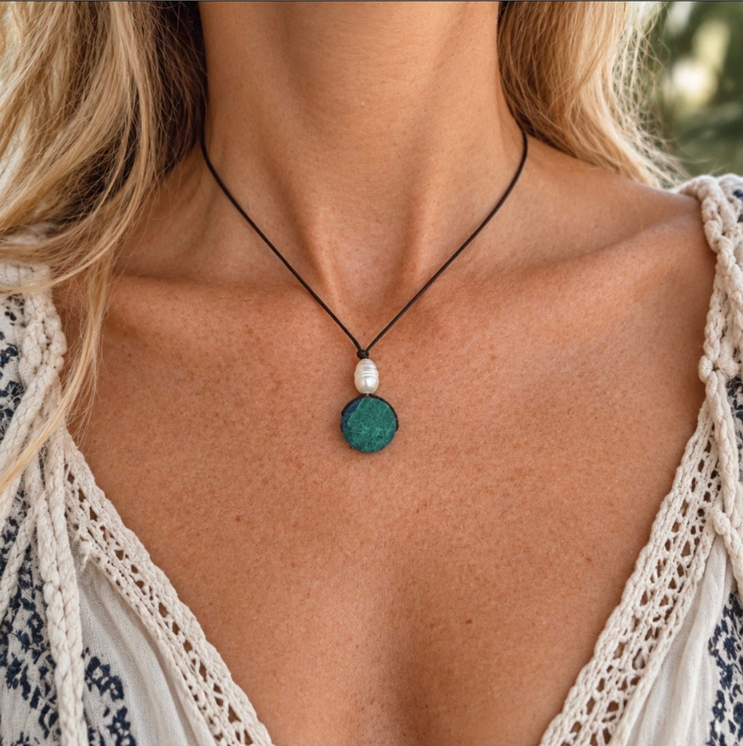 Woman wearing teal gemstone pendant necklace, adjustable cord, coastal boho jewelry