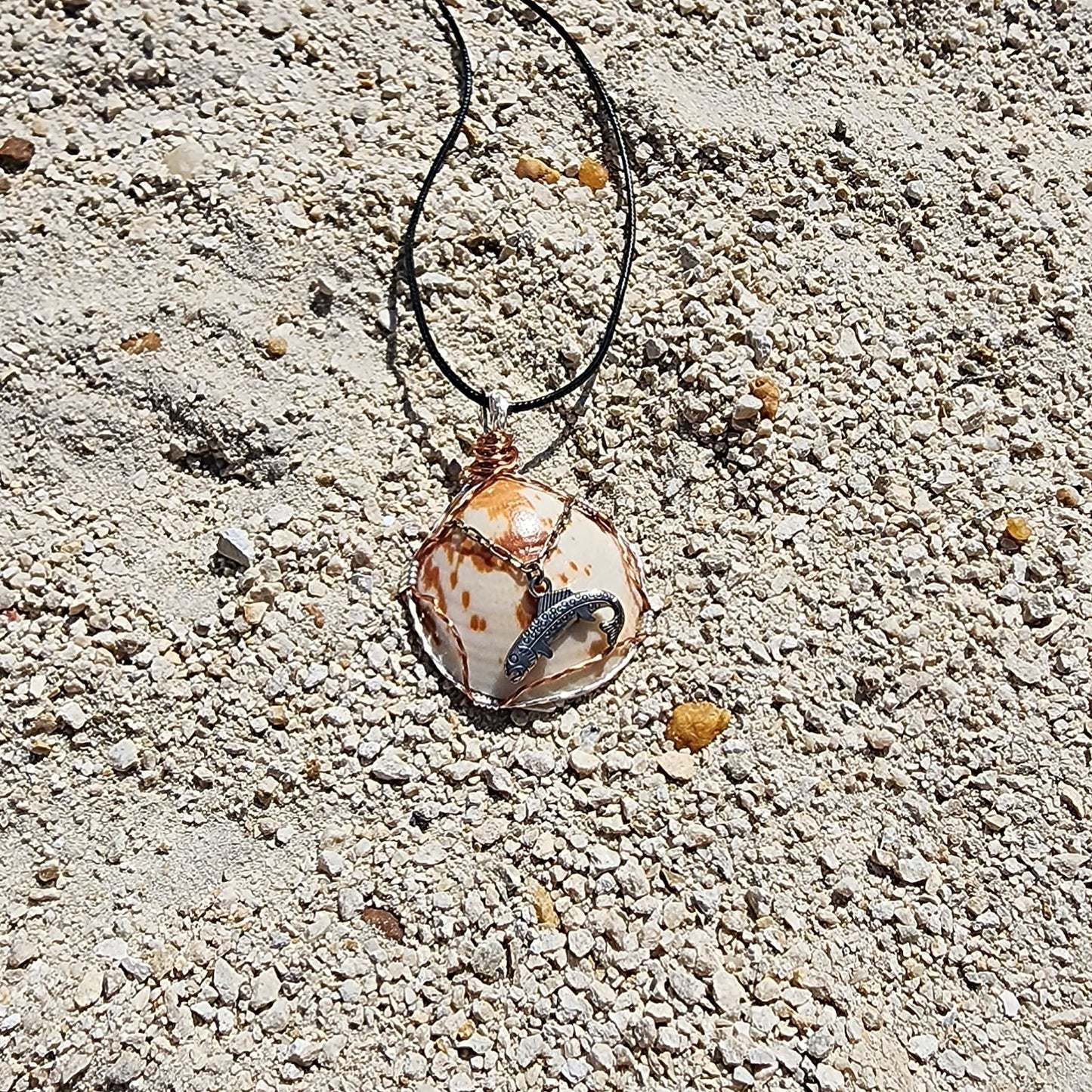American Bittersweet Clam pendant necklace with fish charm and wire wrap on cord