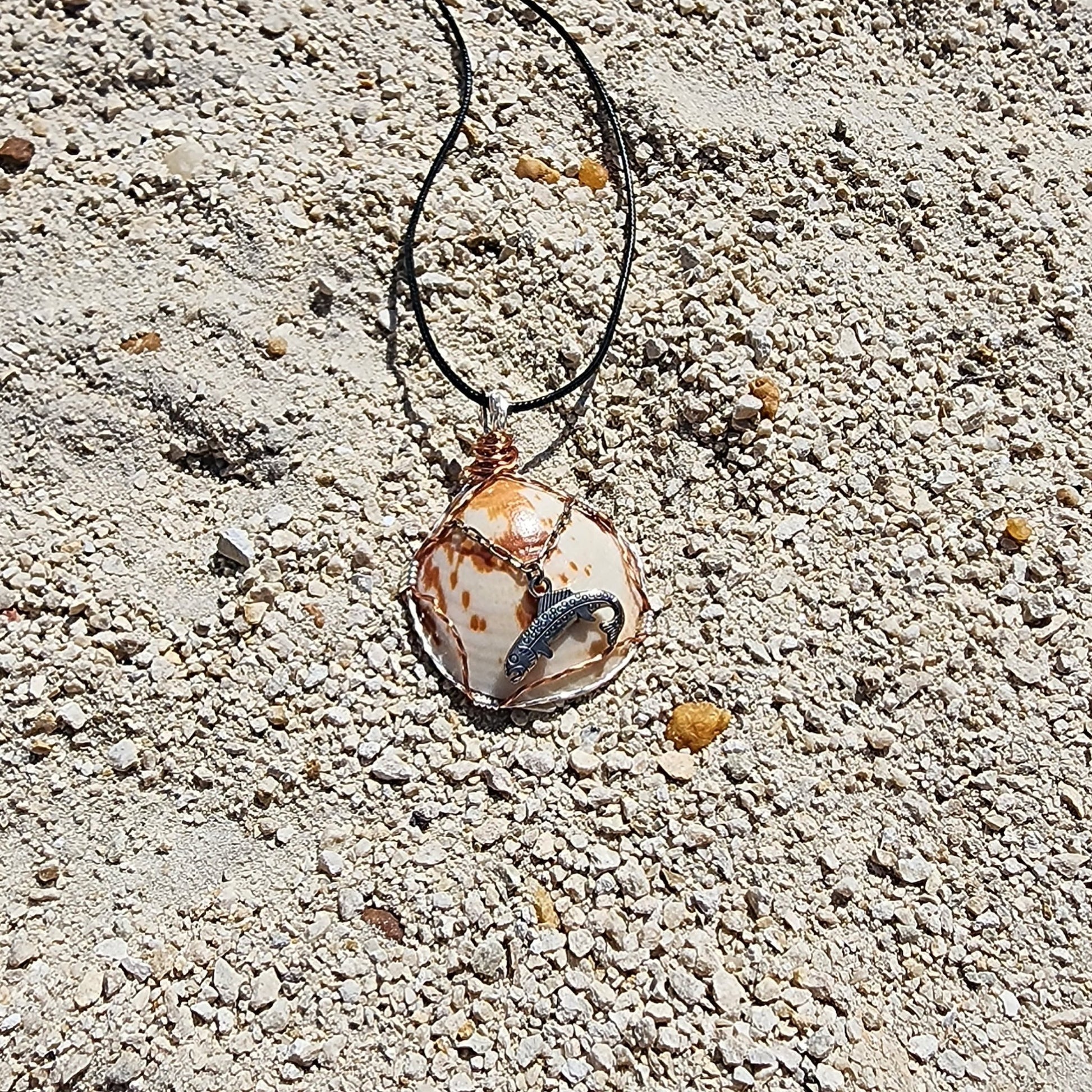American Bittersweet Clam pendant necklace with fish charm and wire wrap on cord