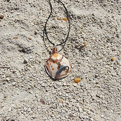 American Bittersweet Clam pendant necklace with fish charm and wire wrap on cord